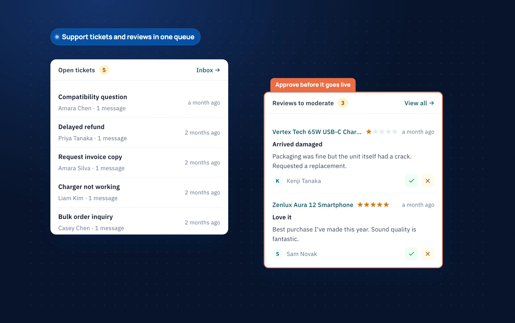 Vividia Ecommerce open support tickets and product reviews waiting for approval, with approve and reject actions