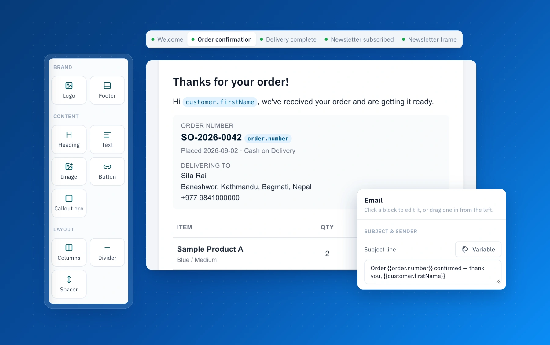 Vividia Ecommerce drag-and-drop email designer editing an order confirmation with order number, delivery address and items