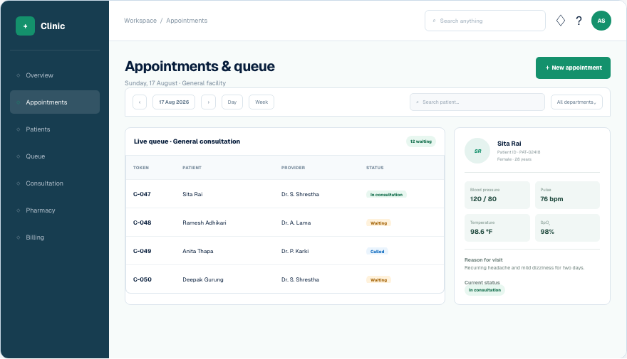 Clinic Healthcare interface in Vividia Suite