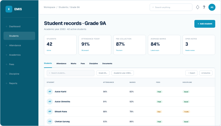 EMIS Education interface in Vividia Suite