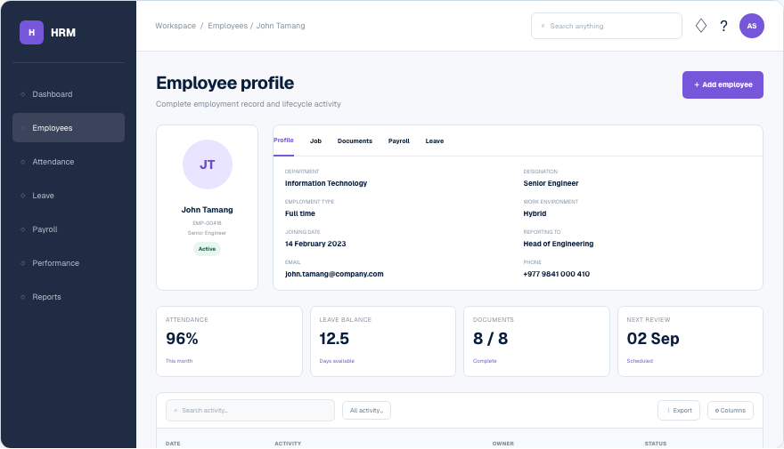 HRM People interface in Vividia Suite