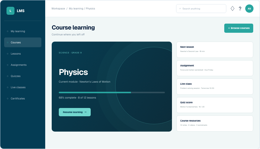 LMS Learning interface in Vividia Suite